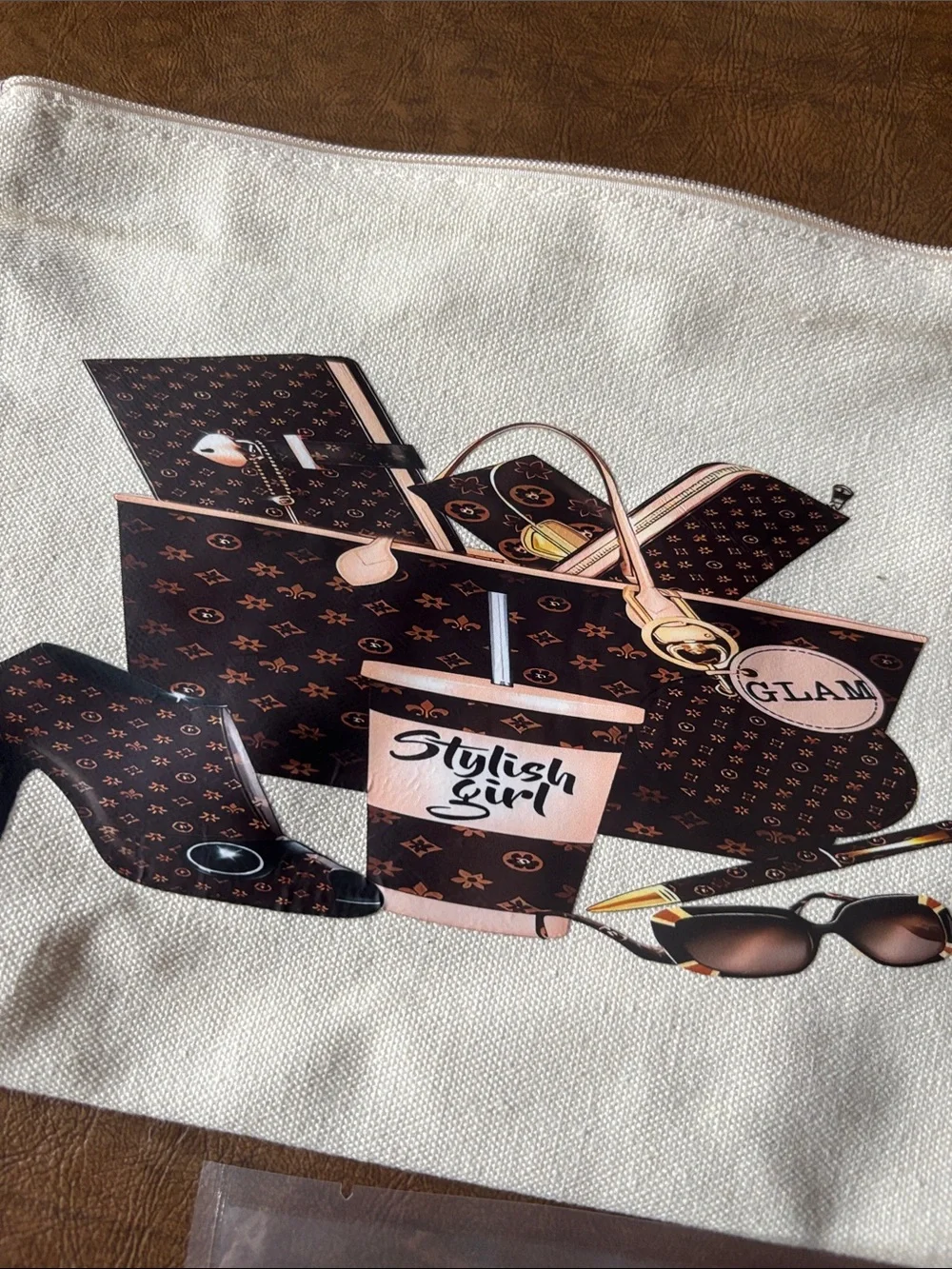 Canvas Pouch with Pink and Brown Fashion Print and car air freshener
